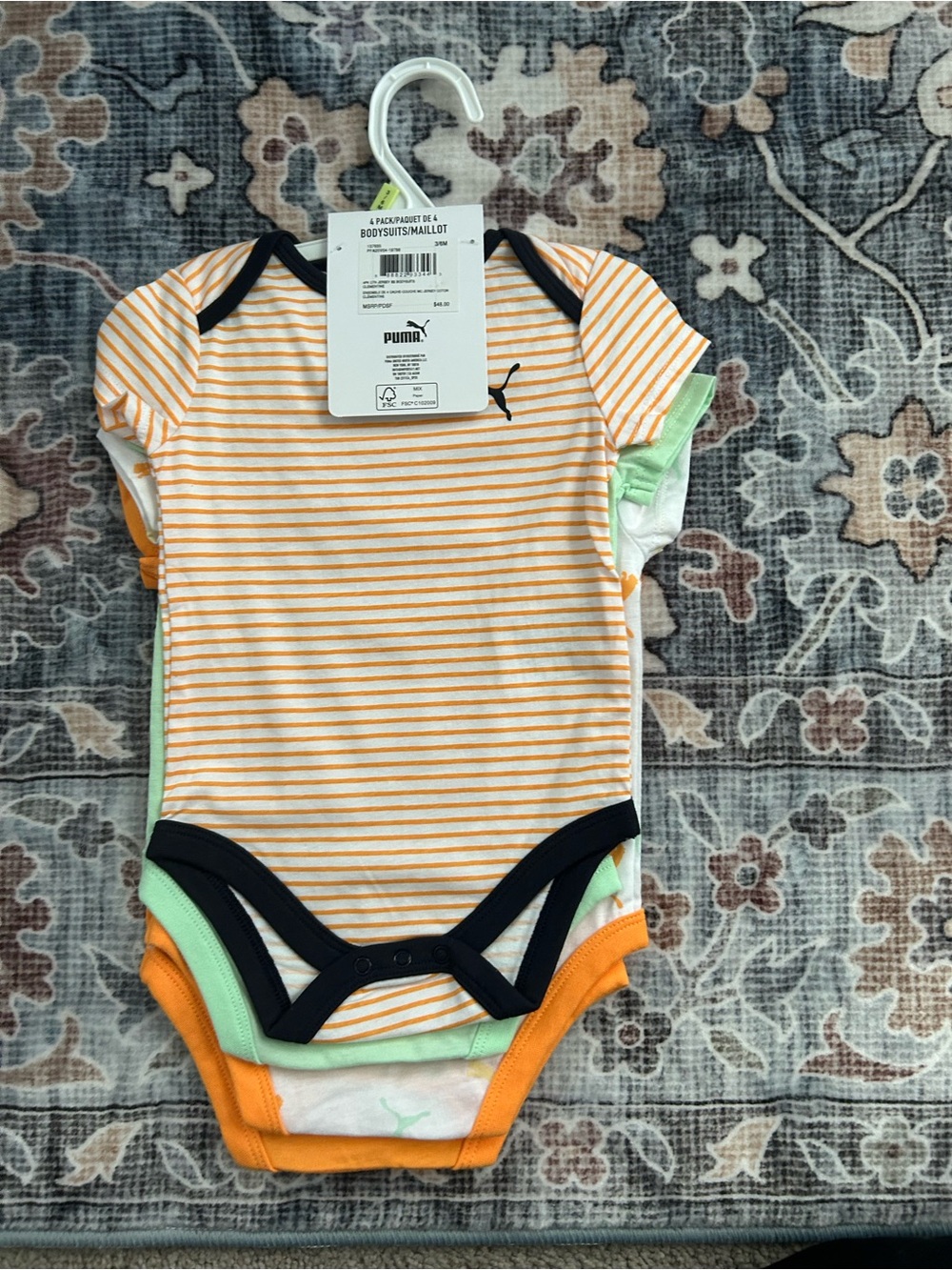 ✅ Puma Baby 4-Pack Bodysuits 3-6M NWT Orange Mint Stripe All-Over Print Logo - Picture 6 of 9